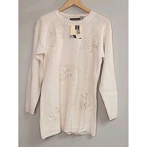 Vintage Dana Scott Womens S Ivory Embroidered Floral Sweater Grandmacore Classic
